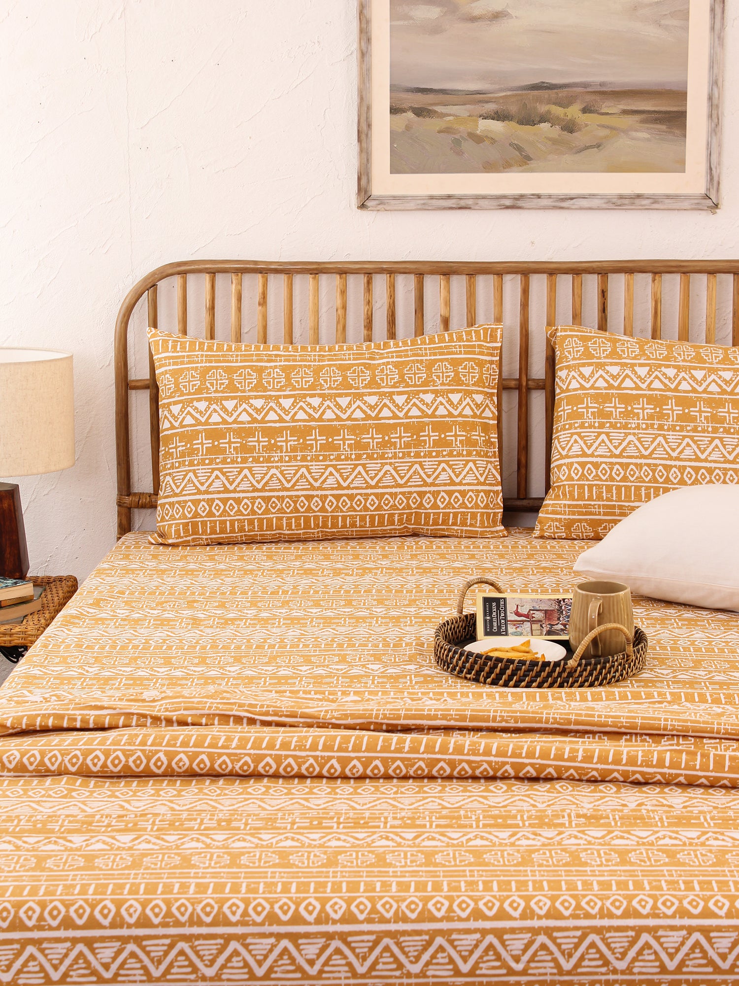 Kullu Patti Bedsheet with Pillow Cover (Yellow) - 144 TC
