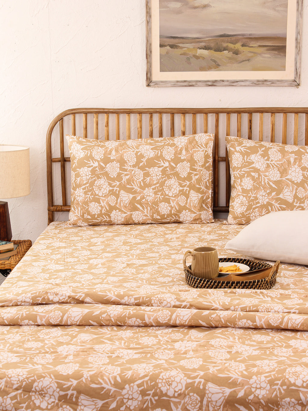 Genda Phool Bedsheet with Pillow Cover (Beige) - 144 TC