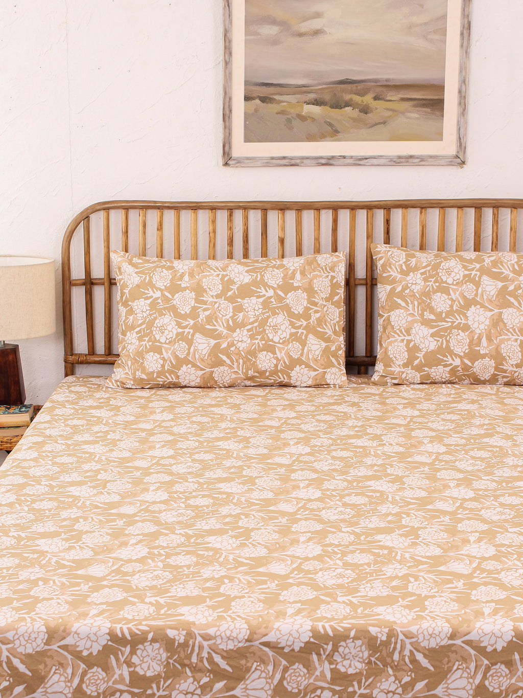 Genda Phool Bedsheet with Pillow Cover (Beige) - 144 TC