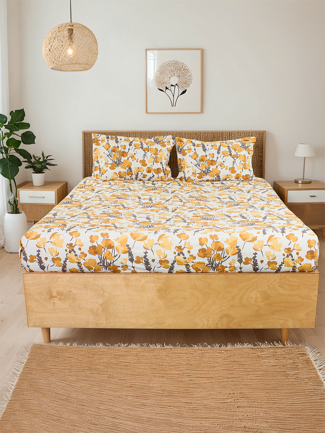 Himalayan Poppie Bedsheet Set (Yellow) - 180 TC
