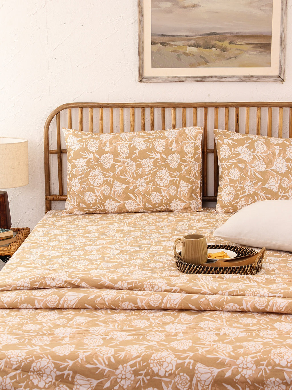 Genda Phool 1 King Bedsheet & 2 Pillow Cover + 2 Pillow Filler (Beige)