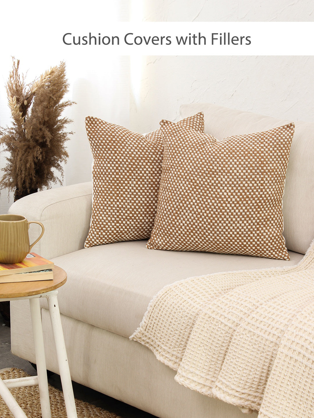 Vindhya Set Of 2 Cushion Covers + 2 Cushion Fillers (Brown) - 40X40 cm