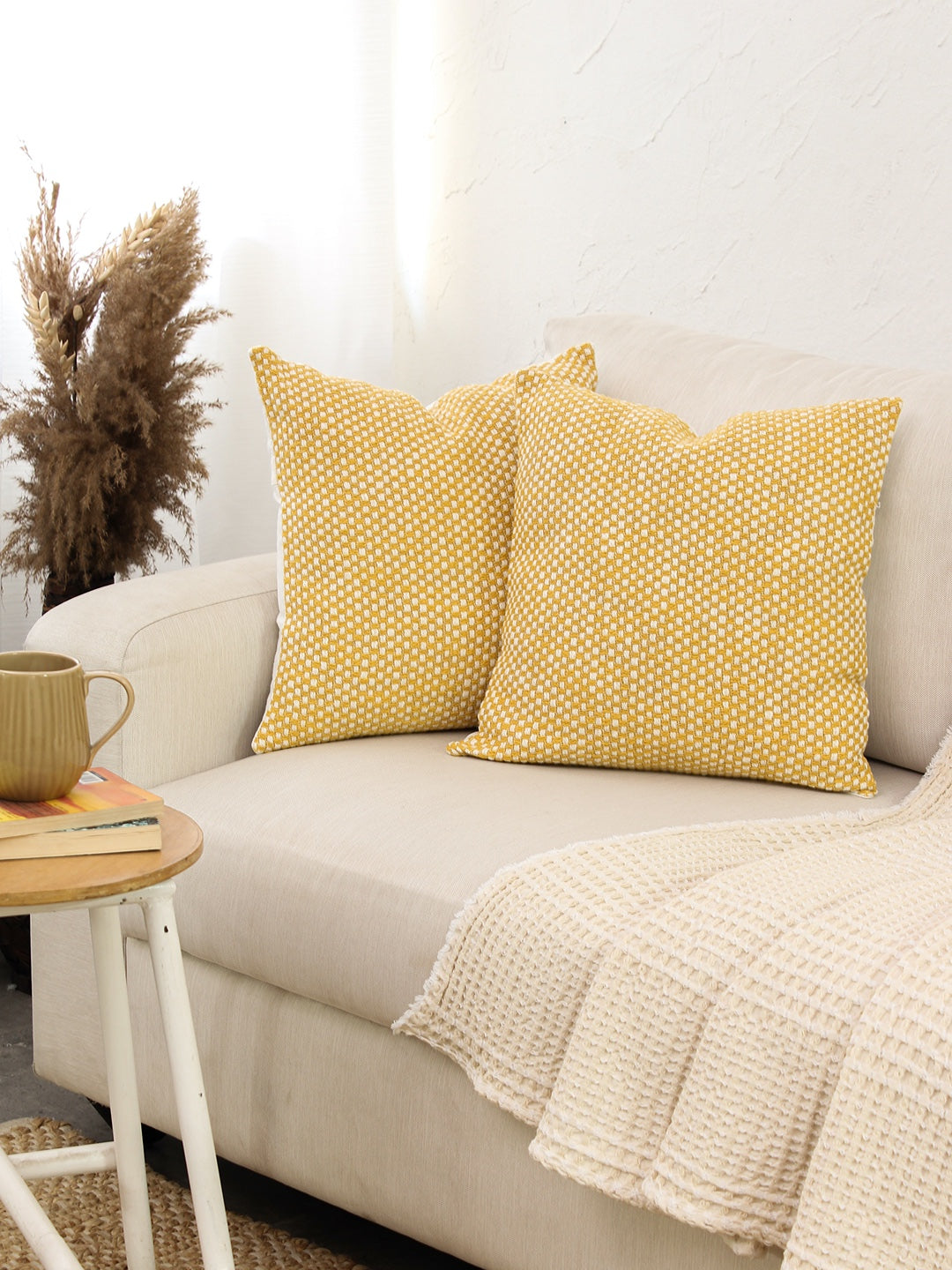 Vindhya Set Of 2 Cushion Covers + 2 Cushion Fillers (Yellow) - 40X40 cm