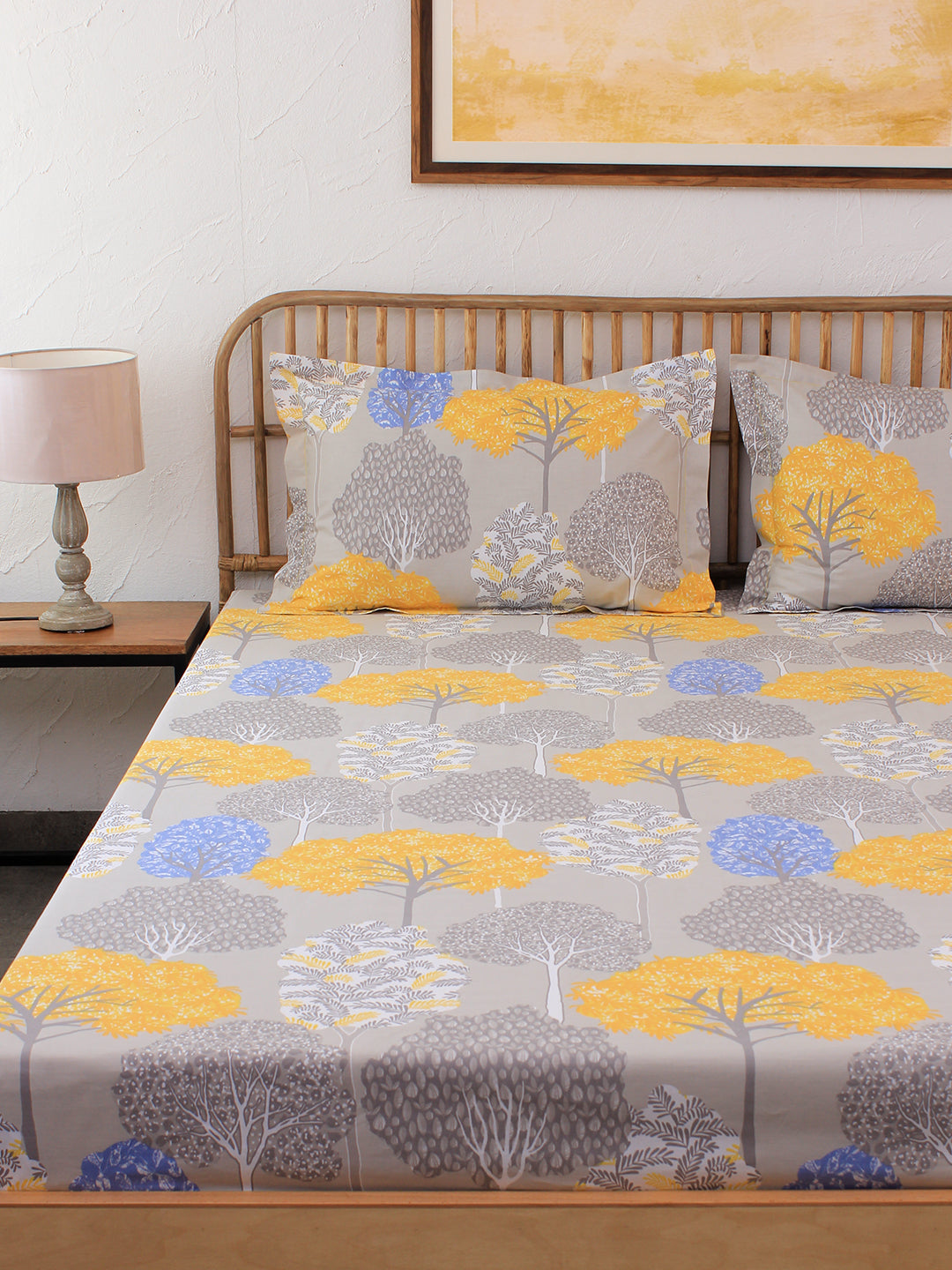 Saptaparni Yellow Fitted Sheet with Pillow Cover